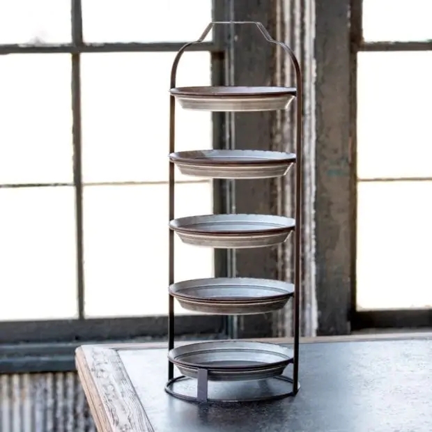 5 Tier Metal Rack, Distressed Frame with Circular Pie Pans