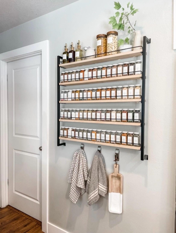 5-Tier Spice Rack Black Metal & Wood Industrial Kitchen Organizer