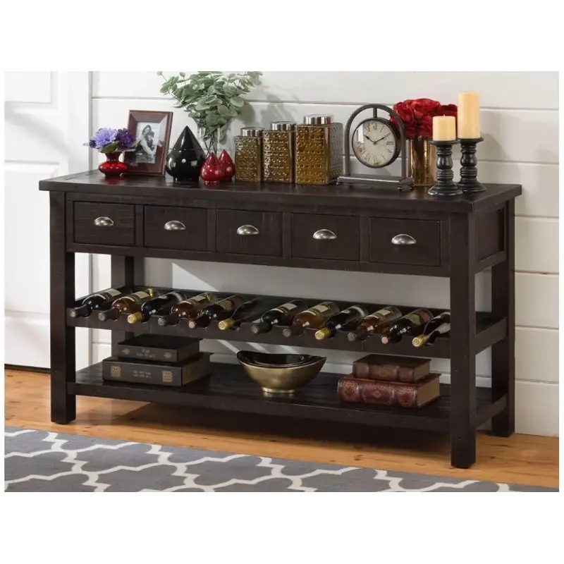 60-Inch Espresso Server with Five Drawers and Wine Bottle Shelf