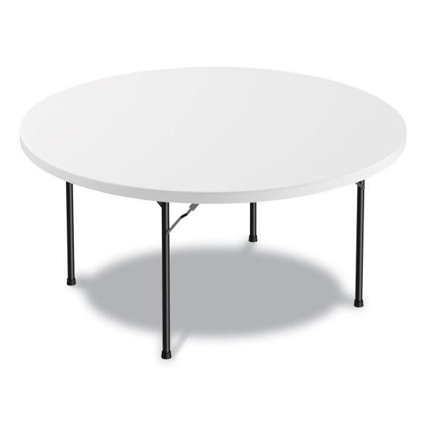 60 Inch Round Folding Table, Plastic Banquet Top with Black Metal Legs