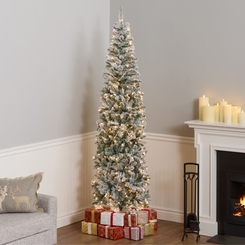 7.5 Ft Pencil Slim Flocked Acacia Christmas Tree Pre-Lit