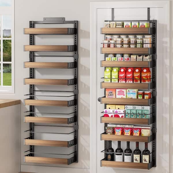 8-Tier Over Door Spice Rack Matte Black Metal Adjustable Wood Baskets