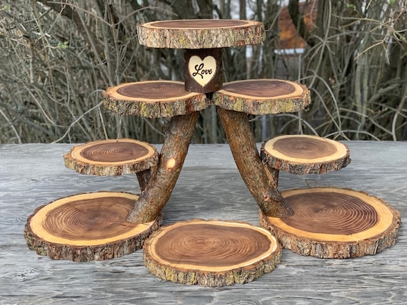 8 Tier Rustic Stand, Natural Wood Slices with Wood Burned Detail