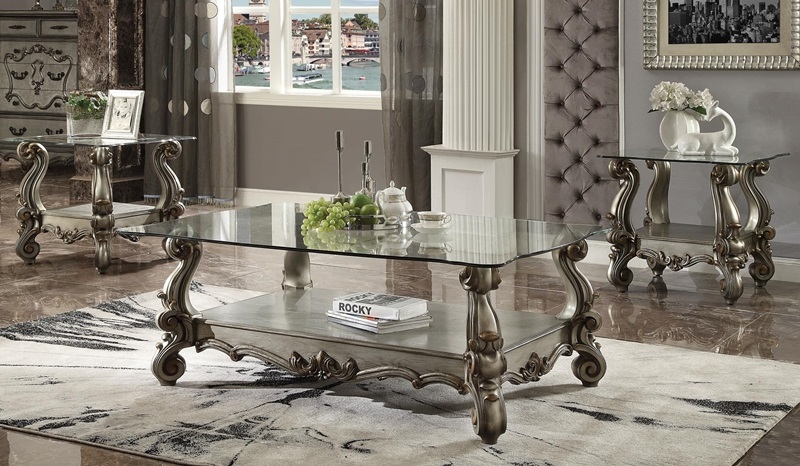86840 Versailles Glass Top Platinum Coffee Table Set | Acme | Free Delivery
