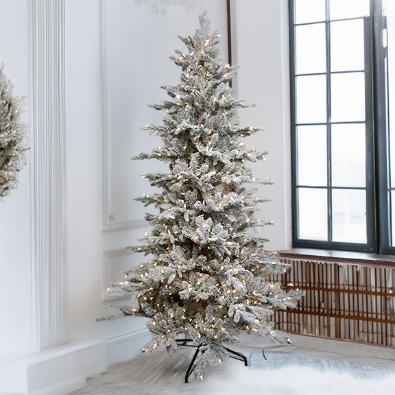 9 Ft Flocked Appalachian Fir Christmas Tree with Clear LEDs