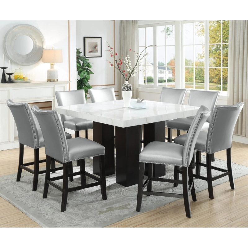 9-Piece Modern Glam Counter Height Set with Shimmering Silver Chairs
