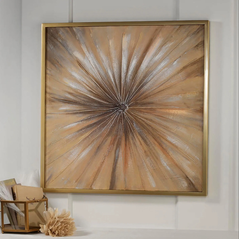 Abstract Wall Art Sunburst Painting with Impasto Texture in Metal Frame