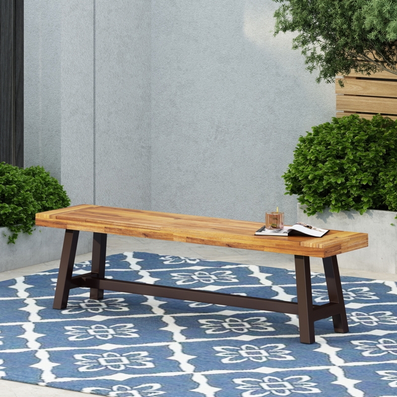 Acacia Outdoor Bench with Butcher Block Top and Sandblast Finish