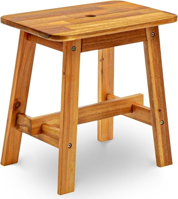 Acacia Wood Stool Rectangular Seat Central Carrying Hole H-Frame Support