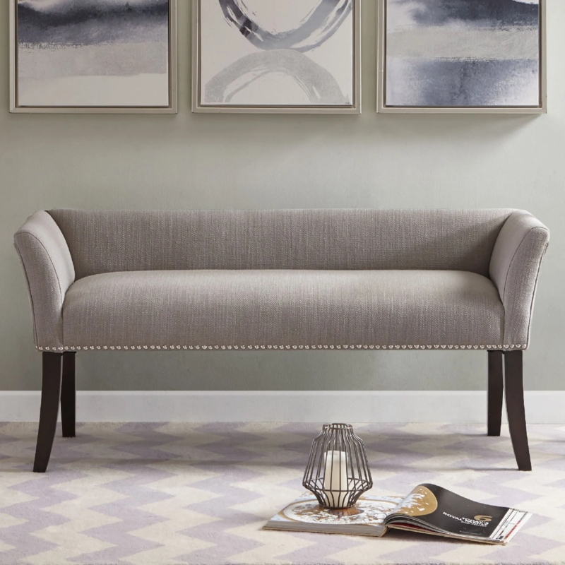 Accent Bench Heather Gray Low Back Flared Arms Nailhead Trim