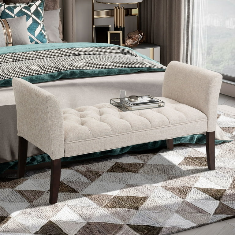 Accent Bench Warm Beige Flared Arms Button Tufted Contemporary