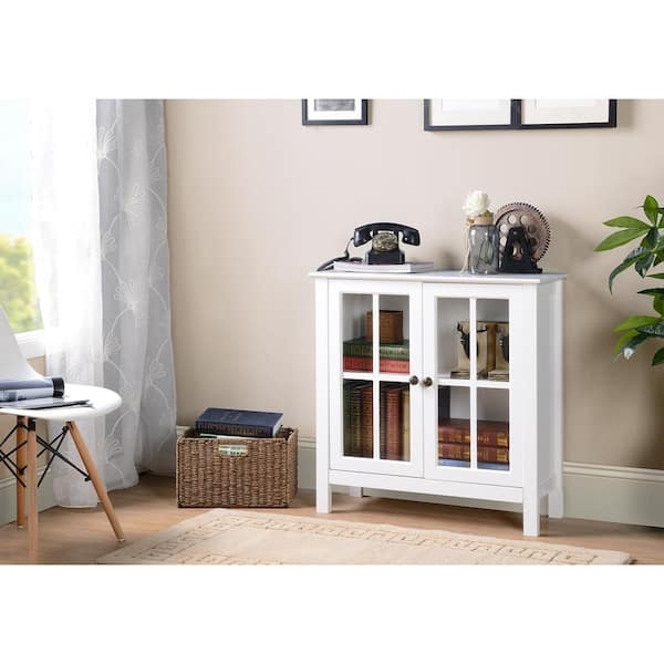 Accent Cabinet Crisp White Glass Pane Doors Transitional Round Knobs