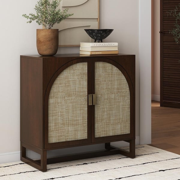 Accent Cabinet in Dark Acacia with Arched Rattan Doors
