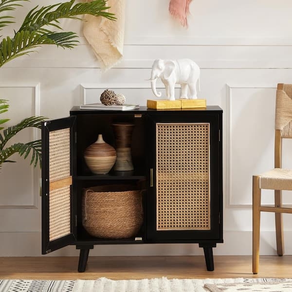 Accent Cabinet with Matte Black Frame and Rattan Cane Doors