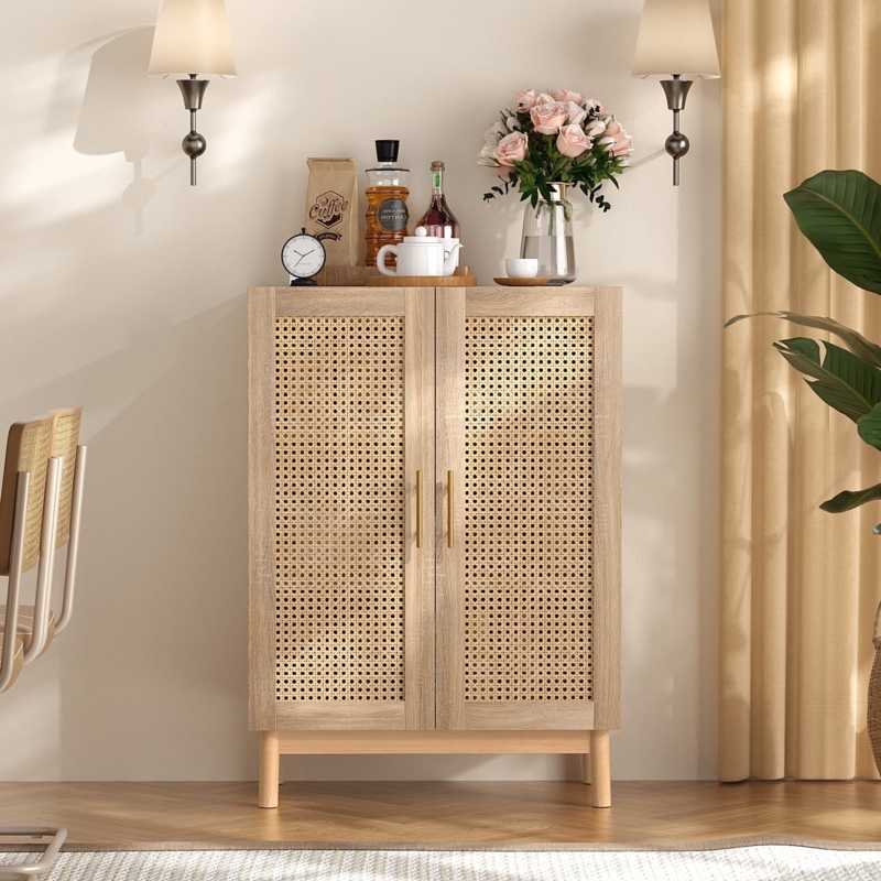 Accent Cabinet with Woven Rattan Panels and Slim Gold Handles