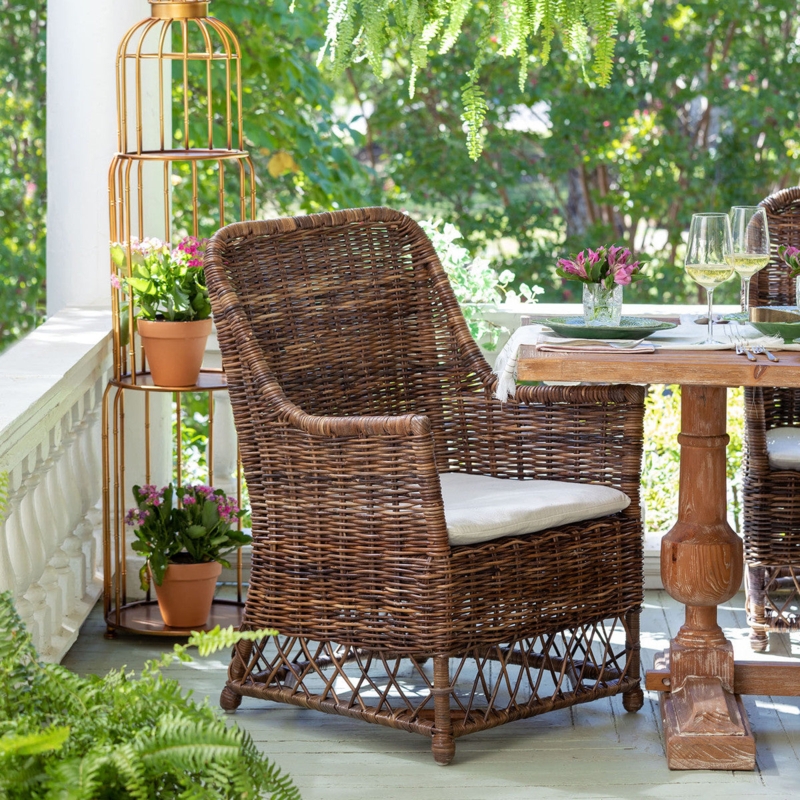 Accent Chair Aged Wicker Texture Lattice Skirt Rustic Terrace Seating