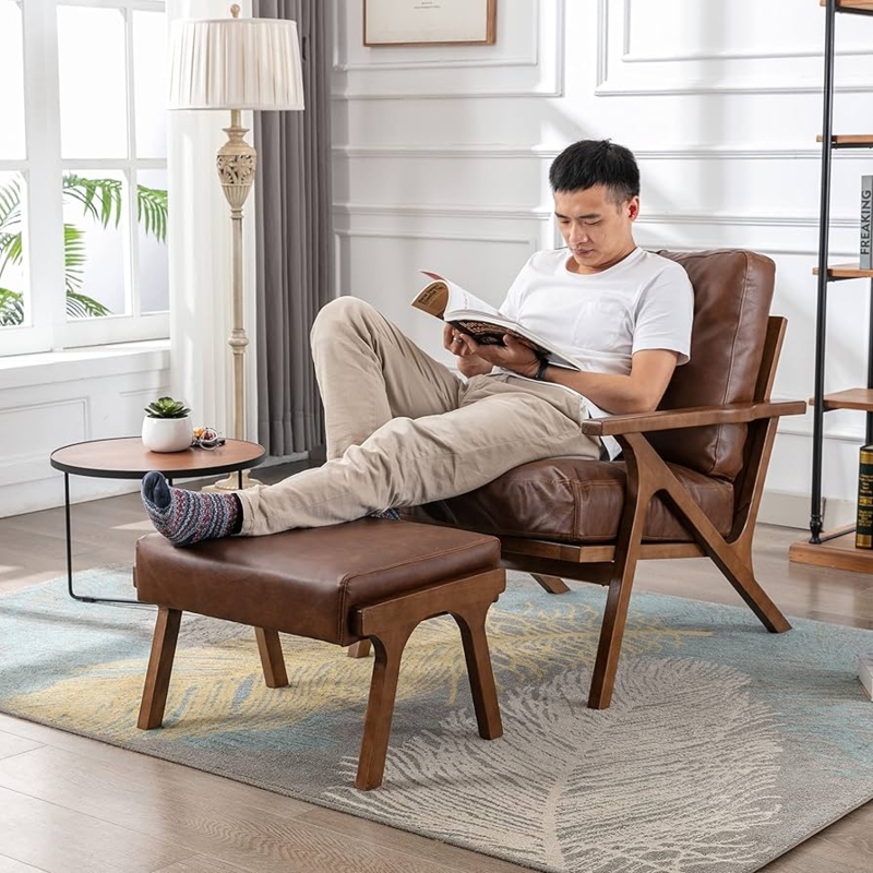 Accent Chair: Angled Wood Frame Reading Chair with Ottoman
