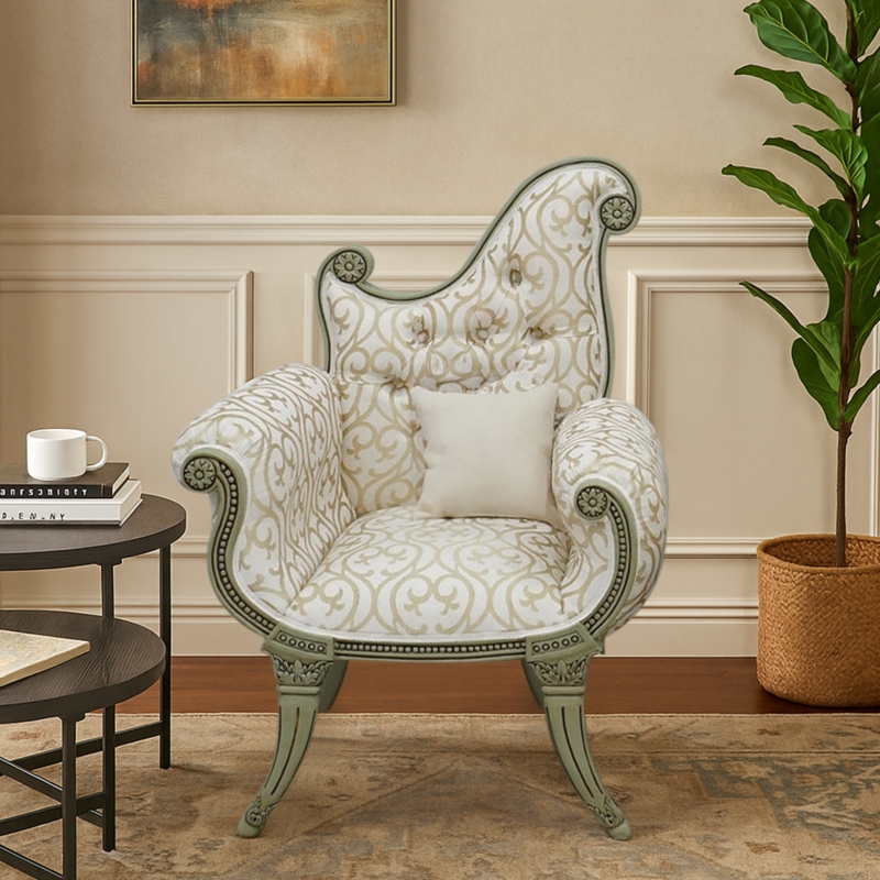 Accent Chair Asymmetrical High Back Sage Green Carved