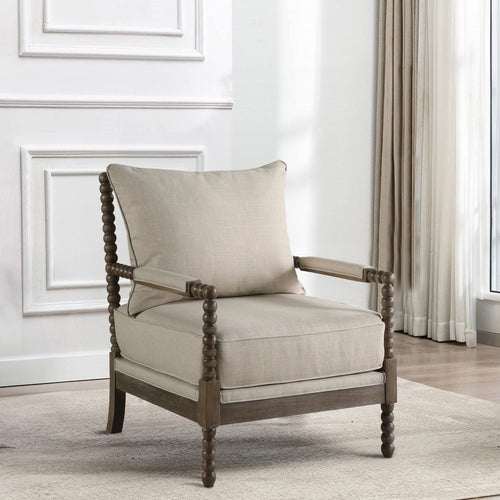 Accent Chair Beige Fabric Bobbin Spindle Padded Arms Modern Farmhouse