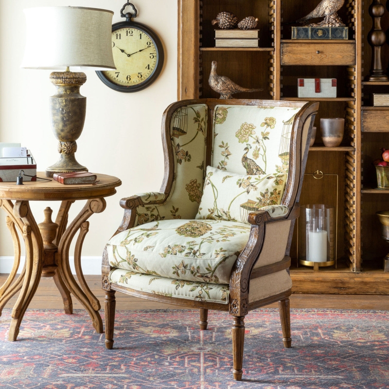 Accent Chair Botanical Bird Print Carved Legs French Country