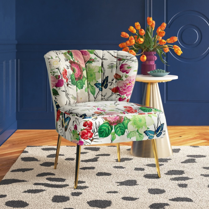 Accent Chair Botanical Butterfly Print Channel Tufted Gold Legs