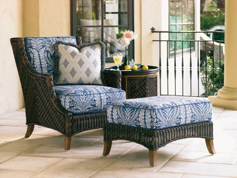 Accent Chair: Botanical Palm Print, Woven Rattan Frame, Indigo Blue