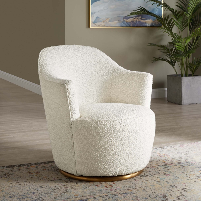 Accent Chair Boucle Swivel Gold Toned Base Cream Curved