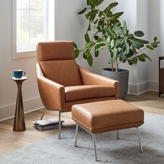 Accent Chair: Camel Leather High Back with Polished Chrome Legs