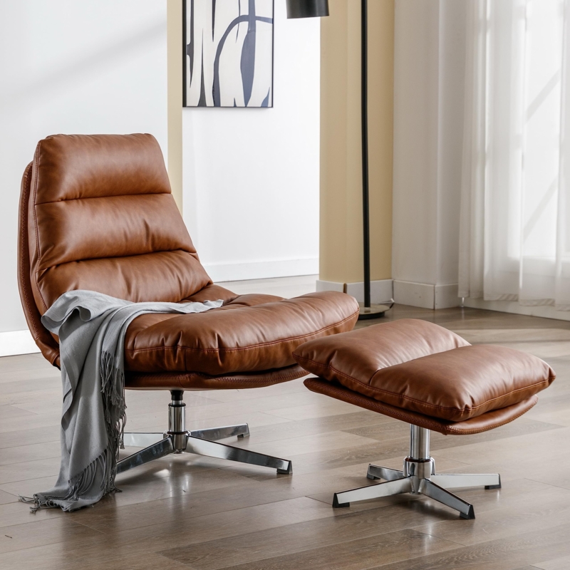 Accent Chair: Channel Tufted Cognac Swivel with Polished Base