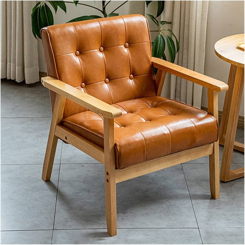 Accent Chair: Cognac Faux Leather with Double Row Tufting and Wood Arms