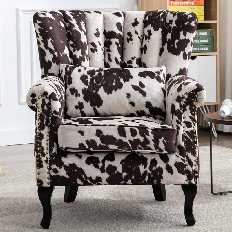 Accent Chair Cow Print Channel Tufting Wingback Silhouette