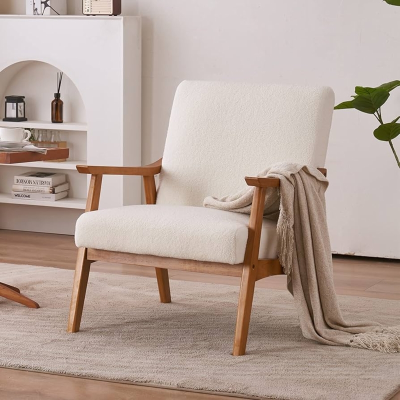Accent Chair: Creamy White Teddy Fleece with Angled Wood Armrests