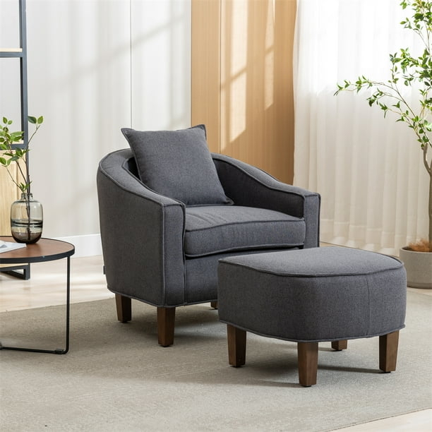 Accent Chair Dark Gray Upholstery Piping Detail Matching Ottoman