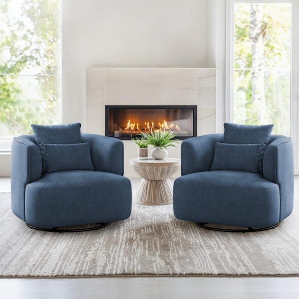 Accent Chair Denim Blue Swivel Barrel Curved Arms Transitional