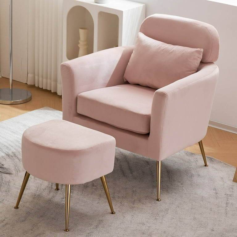 Accent Chair Dusty Pink Upholstery Gold Tone Tapered Legs Ottoman