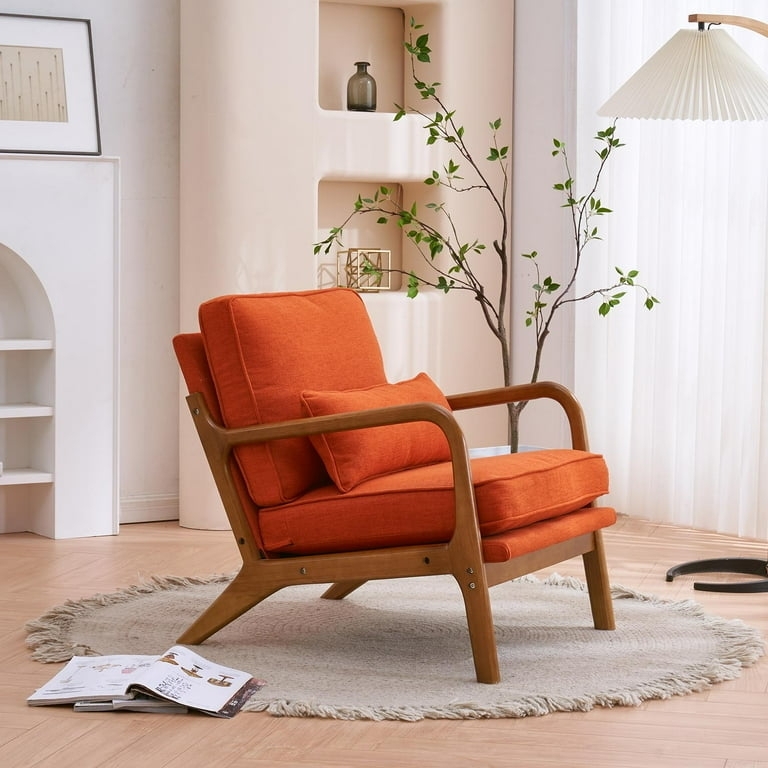 Accent Chair featuring Burnt Orange Fabric and Curved Wooden Armrests