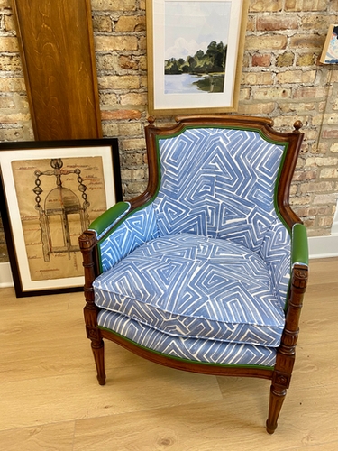Accent Chair Geometric Pattern Green Leather Trim Fluted