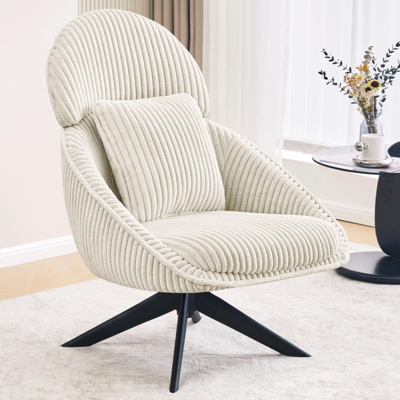 Accent Chair High Back Corduroy Swivel Beige Ribbed Fabric