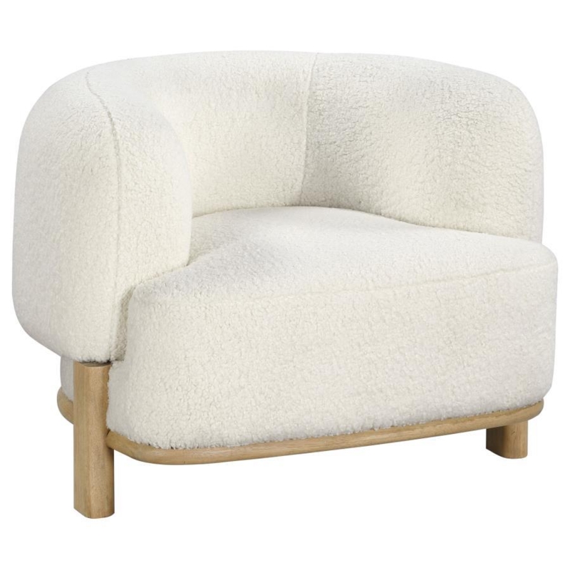 Accent Chair, Ivory Boucle, Cylindrical Wood Legs, Curved Wood Base Chair