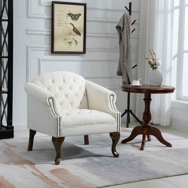Accent Chair Ivory Velvet Club Style Nailhead Trim Tufted