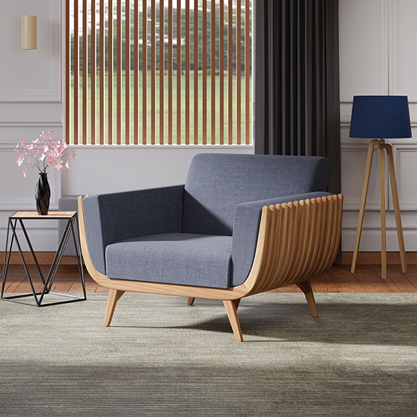 Accent Chair Mid Century Modern Slatted Shell Curved Frame Denim Blue