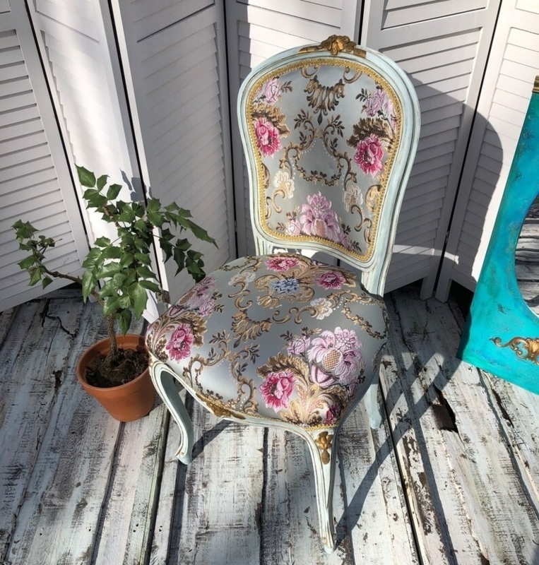 Accent Chair Mint Blue Frame Floral Embroidery Carved Gold