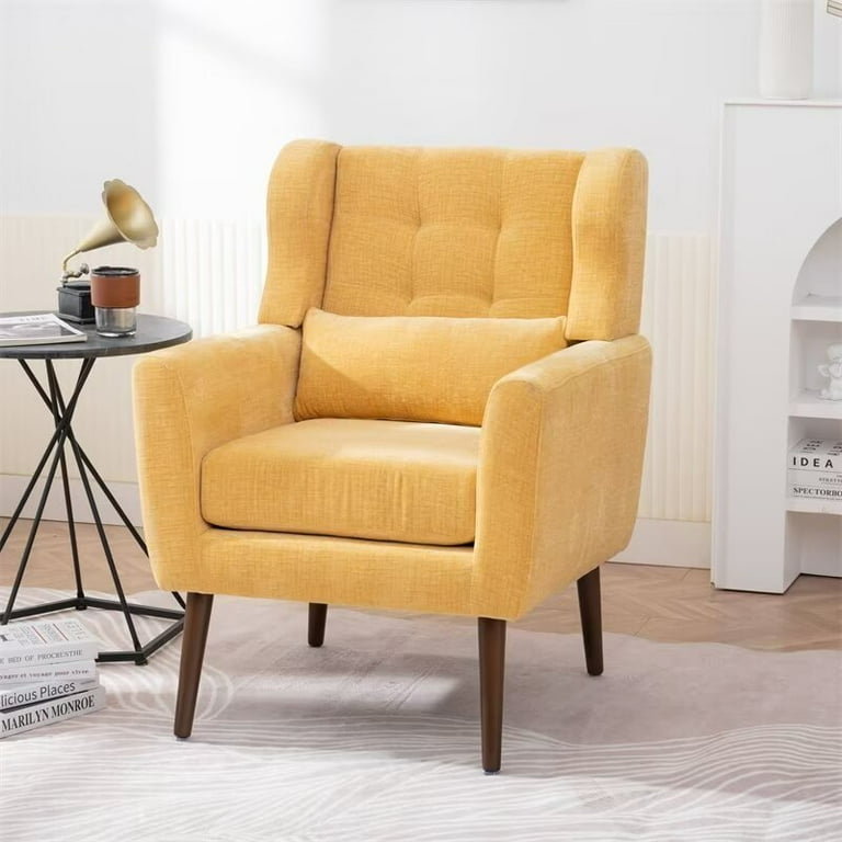 Accent Chair Mustard Yellow Chenille Wingback Design Tapered Legs