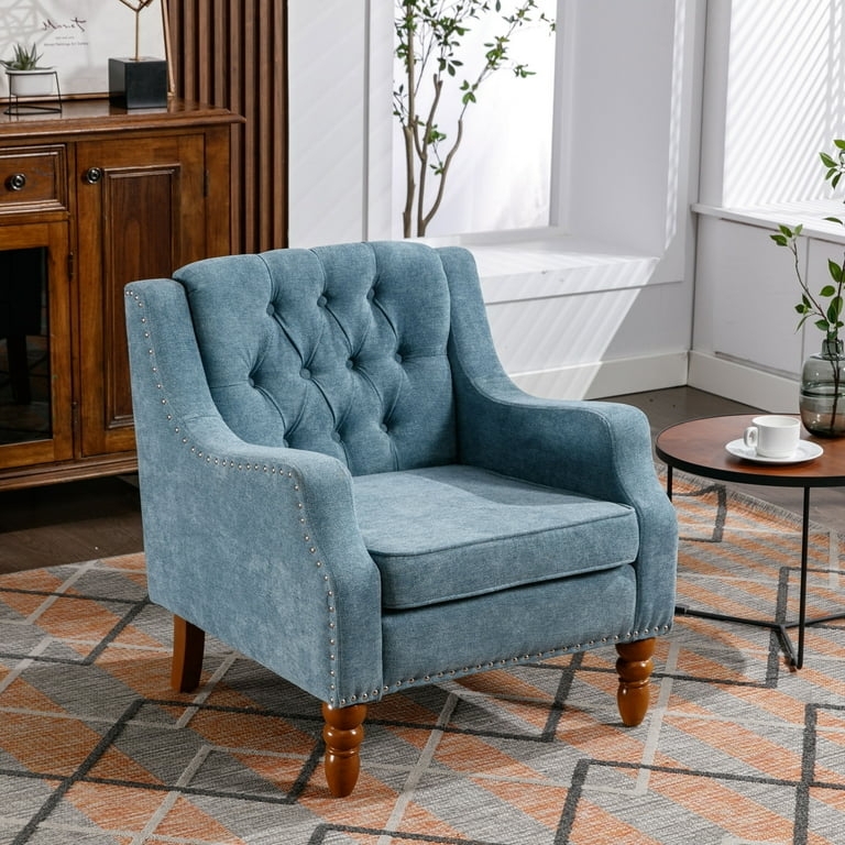 Accent Chair Muted Blue Upholstery Nailhead Trim Turned Legs