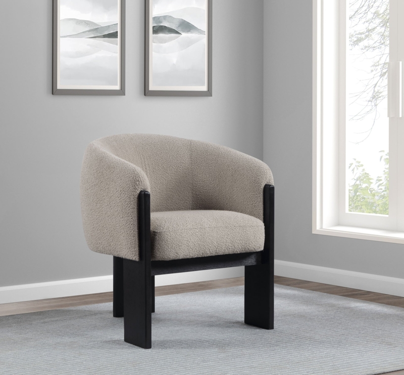 Accent Chair: Oatmeal Beige Bouclé Texture with Chunky Black Legs