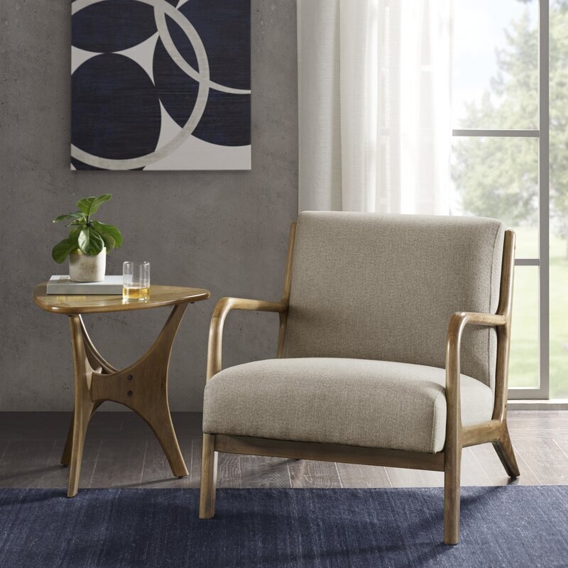 Accent Chair Open Armrests Sculptural Mid Century Oatmeal