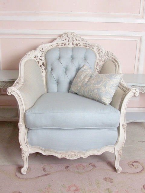 Accent Chair Ornate Crest Whitewashed Frame Tufted Back Pale Blue