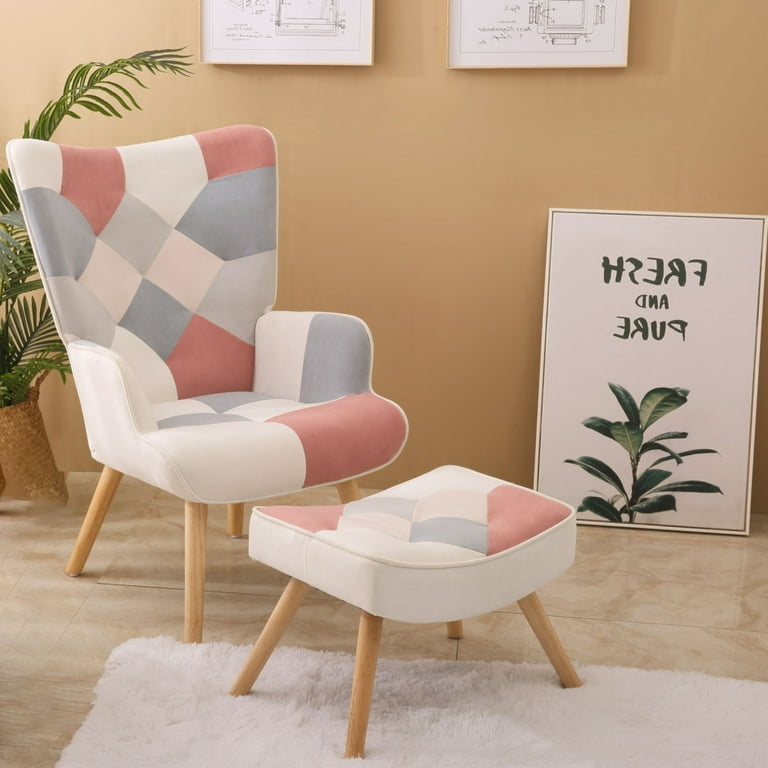 Accent Chair Patchwork Pattern Wingback Silhouette Matching Ottoman