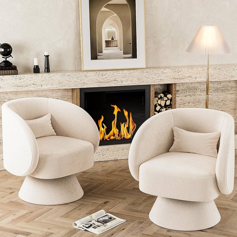 Accent Chair Pedestal Base Swivel Barrel Beige Textured Japandi