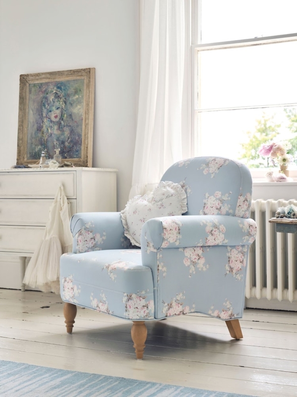 Accent Chair Powder Blue Floral Pattern Ruffled Pillow Cottage